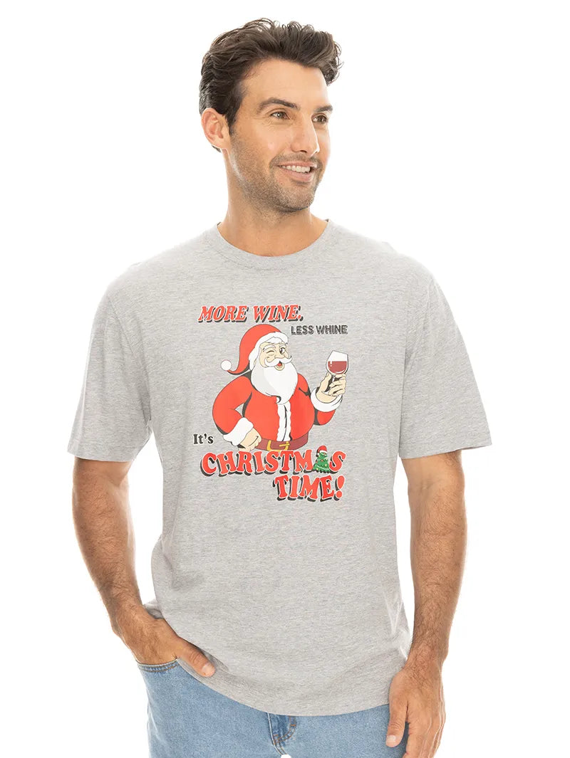 Mens Christmas More Wine T-shirt Grey