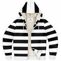 Black White Striped Zip up Fleece Lined Hoodie