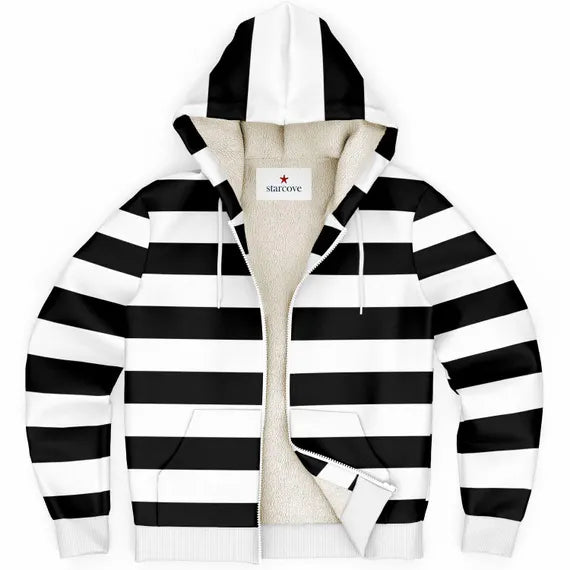 Black White Striped Zip up Fleece Lined Hoodie