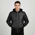 Men's Black Fabric Hooded Leather Bomber Jacket