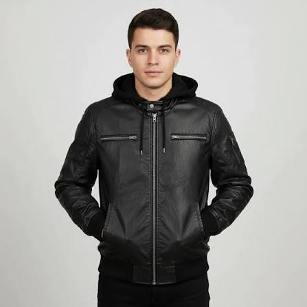 Men's Black Fabric Hooded Leather Bomber Jacket
