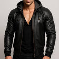 Jild Hooded Leather Bomber Jacket with Removable Hood Sleeves